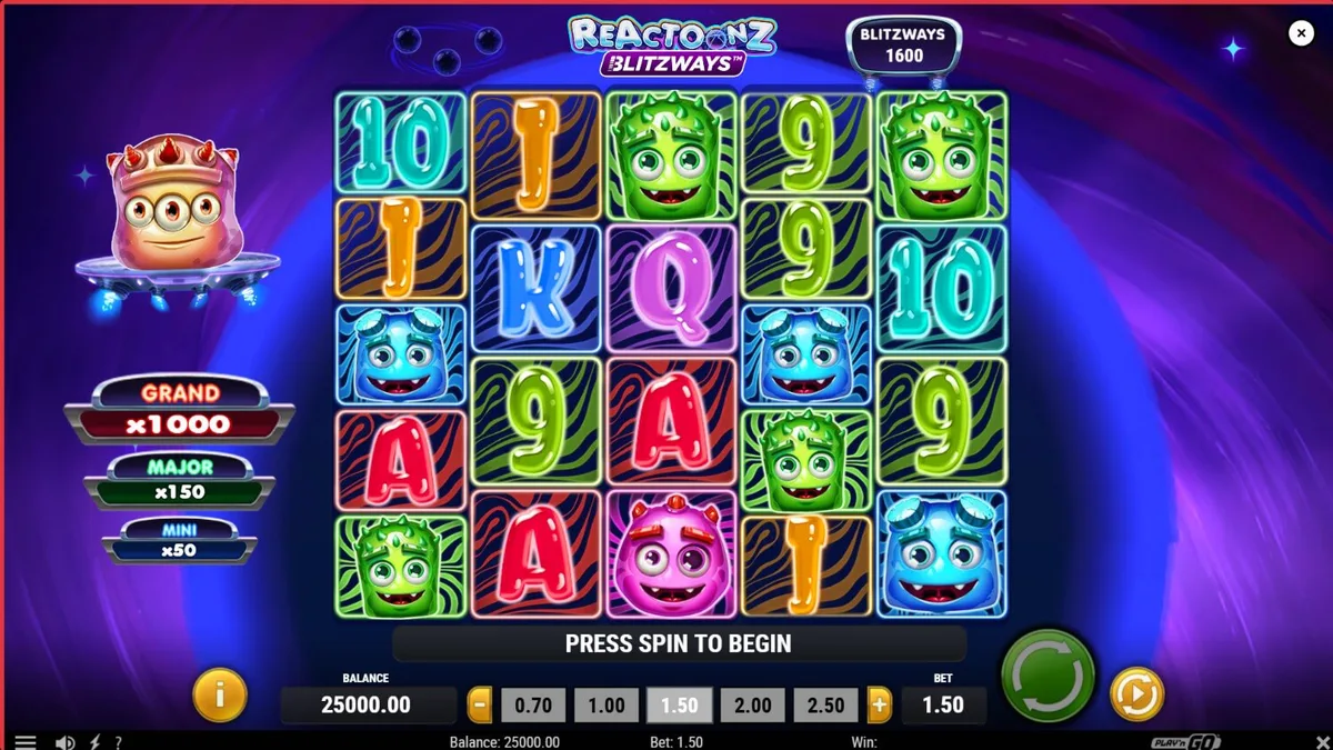 Tampilan visual slot Reactoonz Blitzways dengan karakter alien yang berwarna-warni